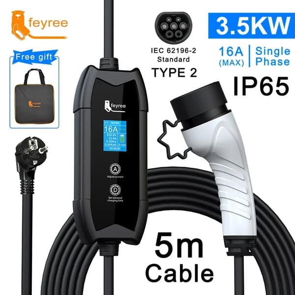 Feyree EV-laddare, 3,5 kW effekt, lätt och portabel, justerbar ström,Typ2