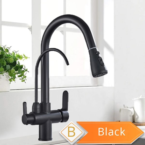 Køkkenarmatur, filtreret hane, trevejs vandfiltrering, Sort B Black B Black B