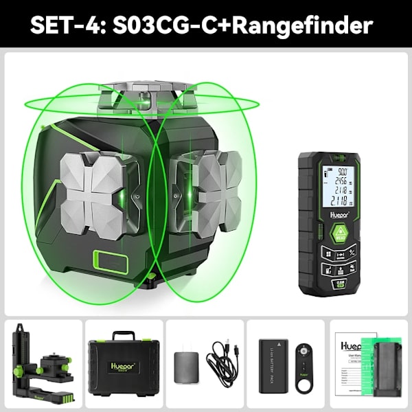 Grøn Laser Niveau med Bluetooth, 3D Krydslinje, 12 Linjer,SÆT-4 SET-4 SET-4