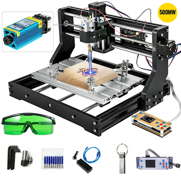 CNC Router Graveringsmaskine med Lasermodul - 3 Akser, USB-port, GRBL Kontrolkort & Offline Kontroller 3018 PRO 5.5W Laser