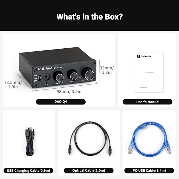 Mini Stereo USB DAC & Hörlursförstärkare, 160mW RMS Utgång, Stöder USB/Optisk/Koaxial Ingångar,Q4