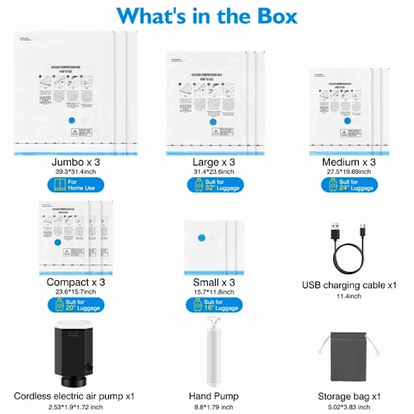 Vakuumopbevaringsposer, Vandtæt, Pladsbesparende Vacuum Bags Pump set
