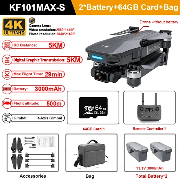 4K Kameradrone, 5000m Rækkevidde, 29-minutters Flyvetid,KF101 MAX S 2B 64G KF101 MAX S 2B 64G KF101 MAX S 2B 64G