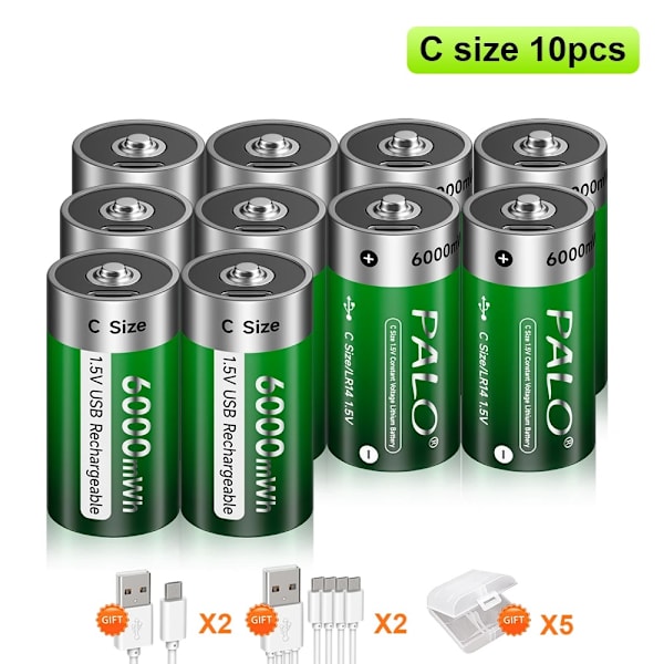 Genopladelige C-størrelse batterier, 1,5V 6000mWh, USB-C opladning, Langvarig holdbarhed,10 stk batteri 10pcs battery 10pcs battery