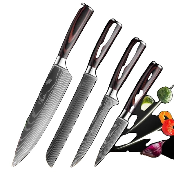 Kökknivset, Laserdamaskusmönster, Japansk Santokukniv, 4-delat värdeset 02 4 PCS Value set 02 4 PCS Value set 02