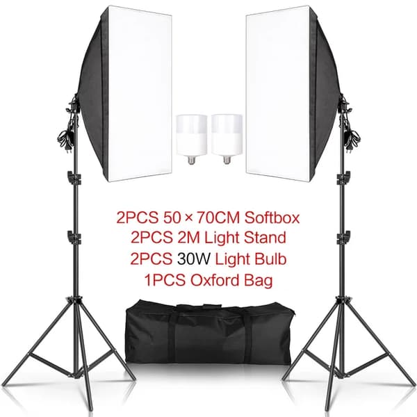 Softbox belysningskit, justerbar stativ, E27 kompatibilitet, 30W LED-pærer