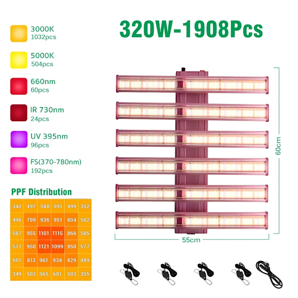 Fullspektrum LED-växtlampa, Dimbar & Hög PPFD, Inomhus Hydroponik,320 watt 320W