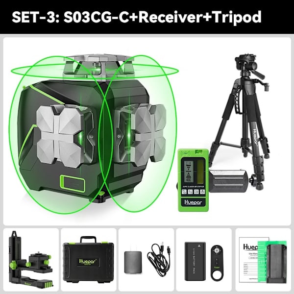 Vihreä laser-taso Bluetoothilla, 3D-ristiviiva, 12 viivaa,SET-3 SET-3 SET-3