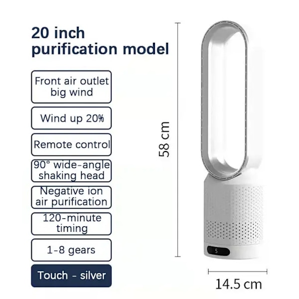 Bladefri ventilator, luftrensning, ultra-stille, Sølv, EU Silver Silver