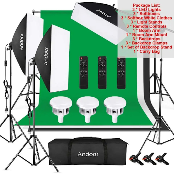 Andoer Fotograferingslys Kit, 85W LED, 2800K-5700K Justerbar Farvetemperatur,Fotoudstyr, EU Photography Kit Photography Kit