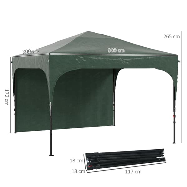 Fällbar Tält, 3x3 m, Höjdjusterbar, Sidovägg, Grön