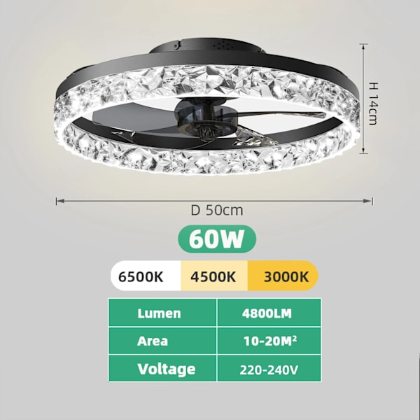 LED Loftventilator Lys, 60W Effekt, Uendeligt Dæmpbar, sort, APP med RC Dæmpbar