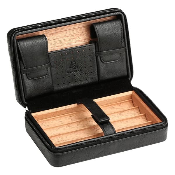 Humidor, cedertræ og læder, 4-rørs kapacitet, Kun sort sag