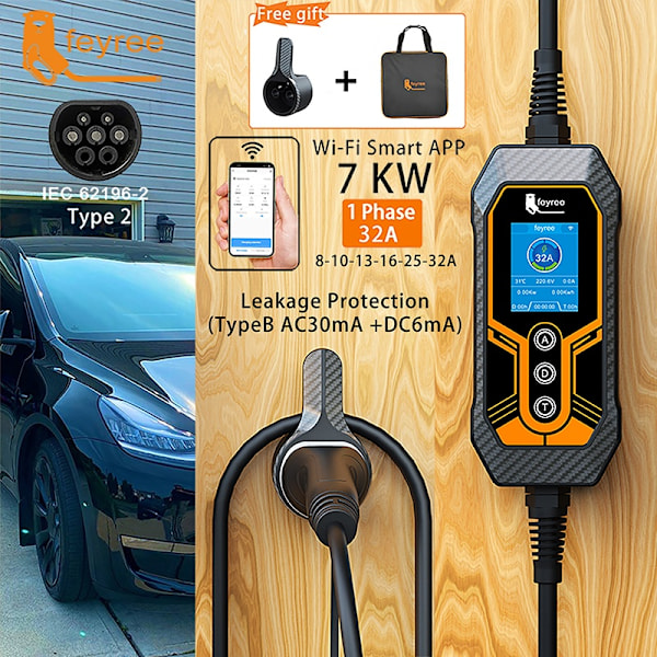 Bærbar EV-lader, Type2 32A, Wi-Fi APP kontrol, Type2 Type2