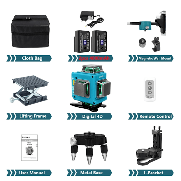 Grön Laser Nivå 16 Linjer, 4000mAh Dubbel Batteri, Självnivåerande IP54,K36GD L-vinkel K36GD L-Bracket K36GD L-Bracket