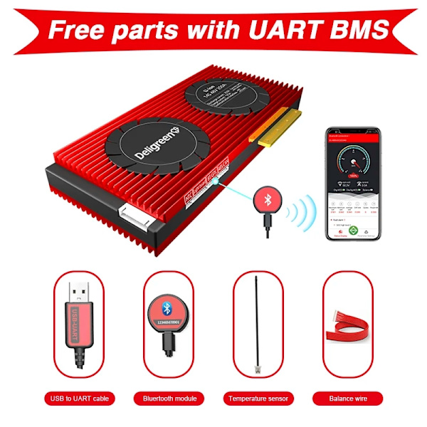 LiFePO4 Smart BMS, Bluetooth-aktiveret, Avanceret Beskyttelse,UART, LiFe 8S 200A UART UART