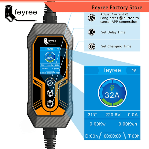 Bærbar EV-lader, Type2 32A, Wi-Fi APP kontrol, Type2 Type2