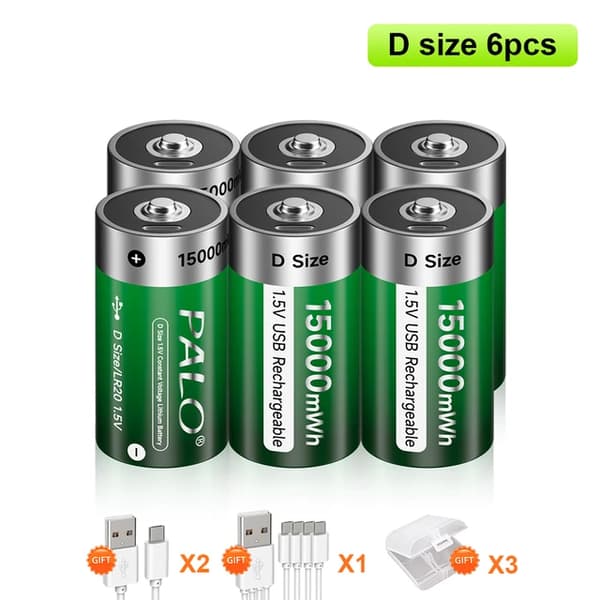 Uppladdningsbart D-storleksbatteri, Typ-C USB-laddning, Li-jonbatterier