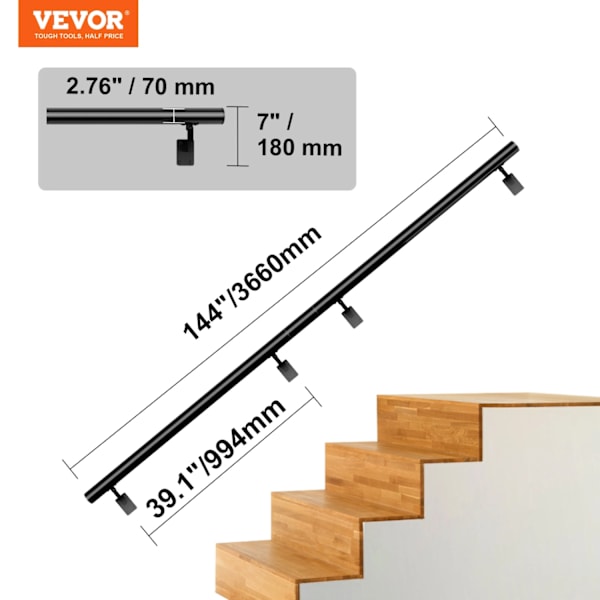 Gelænder, trappegelænder, forbedret stabilitet, ergonomisk design,12 fod 12 ft 12 ft