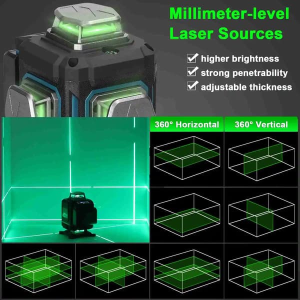 Laser niveau, selvnivellerende, genopladeligt batteri, sort