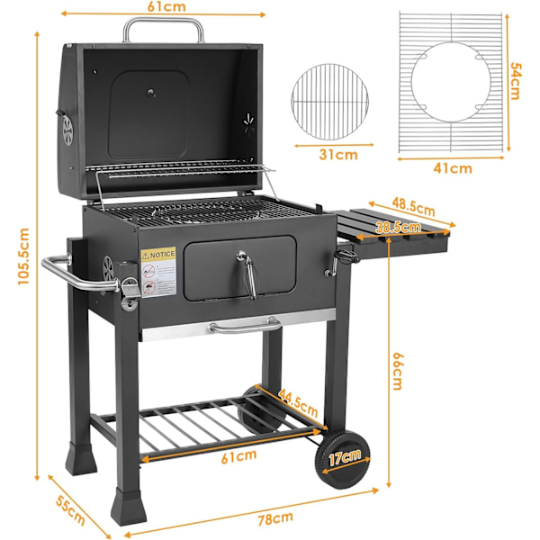 Kolgrillvagn, Justerbar Bricka, 578 Kvadratmeter Matlagningsyta