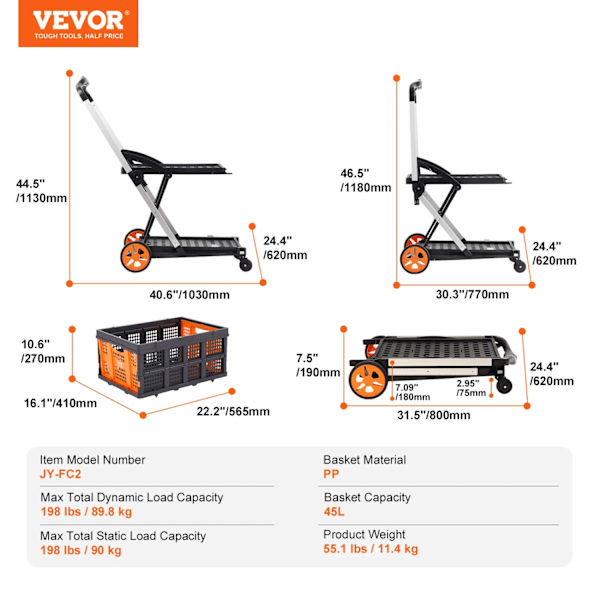 Hopfällbar transportvagn, 198 lbs Belastningskapacitet, 45L Korg,198 pund 198lbs 198lbs