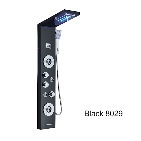 LED Brusepanel, Dobbelt Vandfald & Regnvejr Tilstande, Digital Temperatur Display,Sort 8029 Black 8029 Black 8029