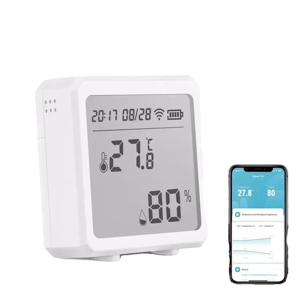 Temperatur- og fugtighedssensor, smart home-kompatibel, LCD-display, Zigbee Hvid