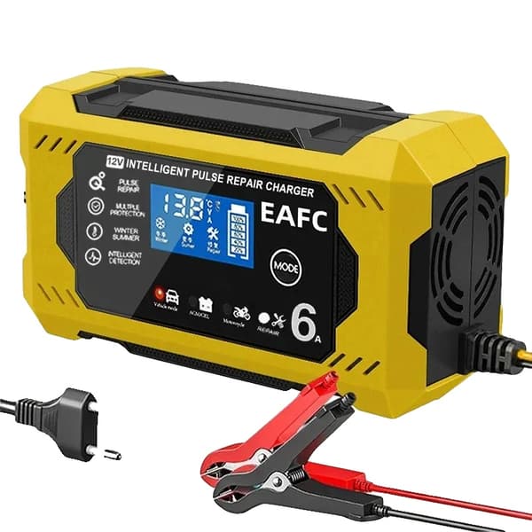 Bilbatteriladdare, 6A Laddström, LCD-display, 12V 6A gul