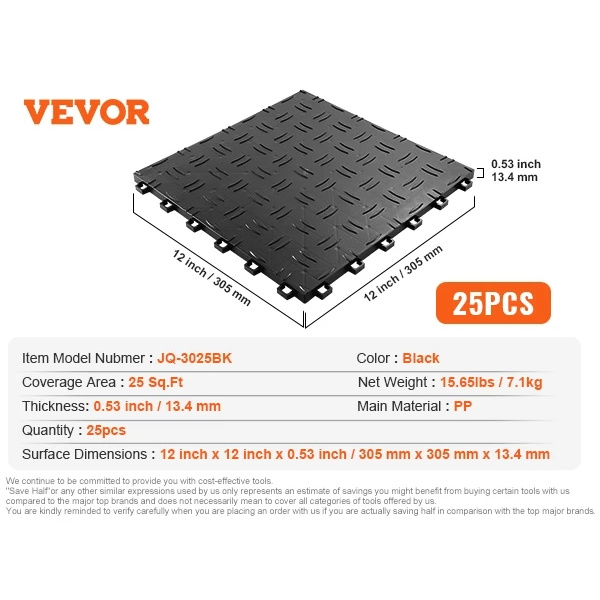 Interlocking Garage Floor Tiles, Halkfria, Täckning på 25 Kvadratfot,svart25st black25pcs black25pcs