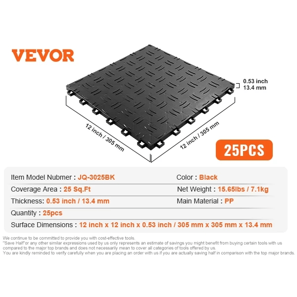 Interlocking Garage Gulvfliser, Ikke-Slip, 25 Kvadratfod Dækning, sort25stk black25pcs black25pcs
