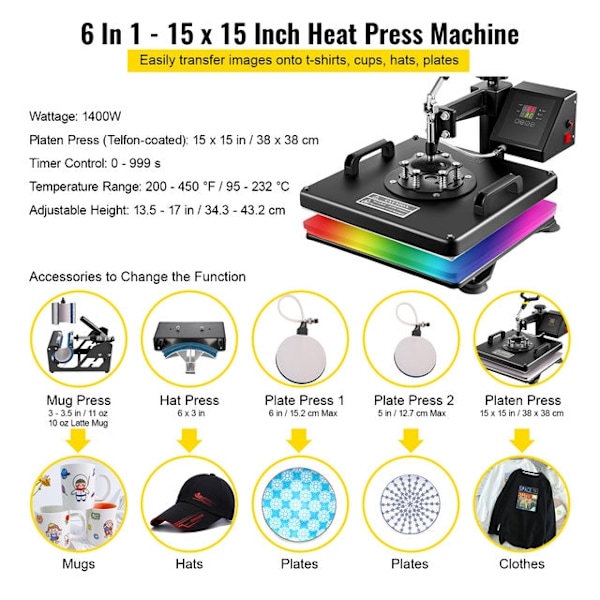 5/6/8 i 1 Varmepresse Maskine - 360° Svingfunktion, Præcis Temperaturkontrol & Dobbelt-Lags Isoleringsteknologi 8 in 1 12x15 Inch