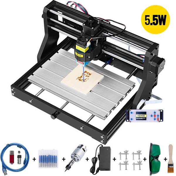 CNC Router Graveringsmaskine med Lasermodul - 3 Akser, USB-port, GRBL Kontrolkort & Offline Kontroller 3018 PRO 5.5W Laser