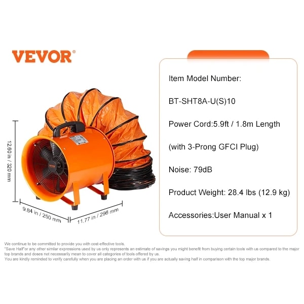 Transportabel ventilator med 1070CFM luftvolumen, 195W effekt, stålkonstruktion.,33 fod 33ft 33ft