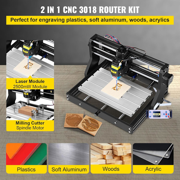 CNC-router gravyrmaskin med laserenhet - 3 axlar, USB-port, GRBL-kontrollkort & offline-kontroller - Svensk SEO-optimerad produkttitel 3018 PRO 5.5W Laser