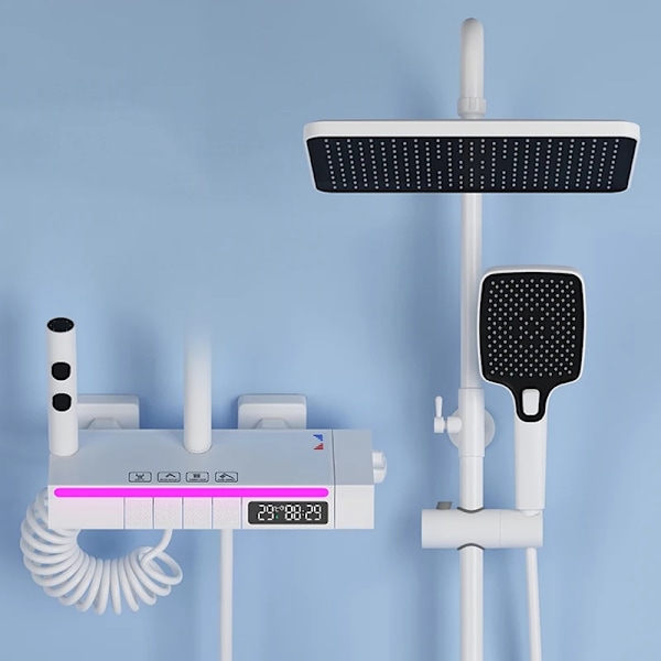 Termostatisk Duschblandare System, Digital Display, Justerbar Höjd 75-115cm,Vit White White