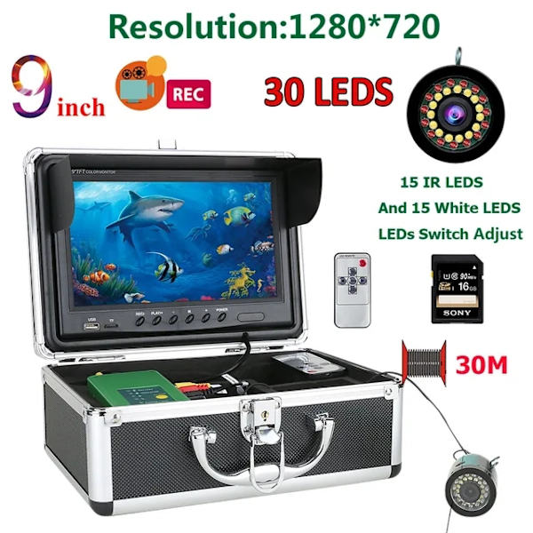 Undervandsfiskekamera, 9HD 1080P skærm, 15 hvide LED'er + 15 IR-lampe, 1080P 30M med DVR 1080P 30M with DVR 1080P 30M with DVR