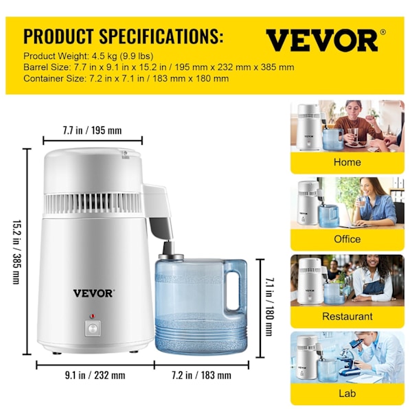 4L Veden Tislain Puhdistaja -  0,34 Gal/1,3 L/tunti, 304 Ruostumaton Teräs, BPA-vapaa Muovisäiliö - VEVOR