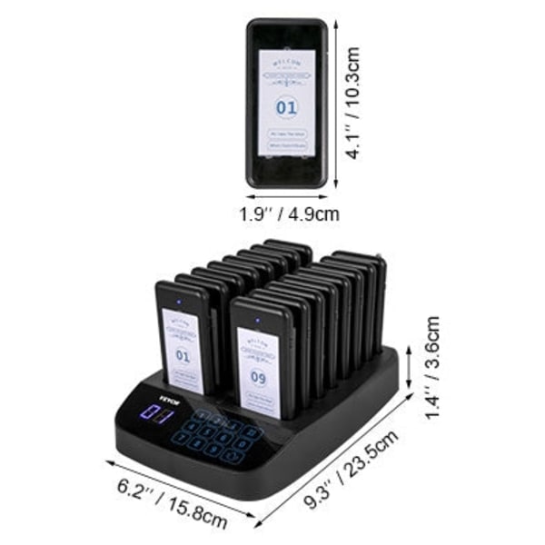 Trådløs Restaurant Pager - 16 Bordskånere, 2 Opkaldstilstande, 300-500m Rækkevidde - Vibration + Flash Buzzer, Digital/Touch Screen Tastatur Touch Screen