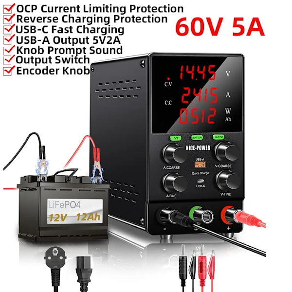 Justerbar Labbströmförsörjning, 30V/10A, 60V/5A, Hög precision, Snabbladdningsportar,60V5A OCP, 220V EU-KONTAKT 60V5A OCP 60V5A OCP