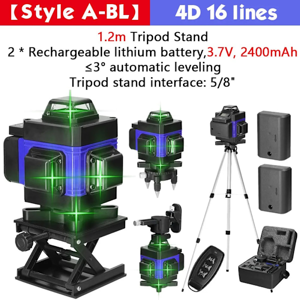 4D 16 Linjers Laser Niveau, Selvnivellerende med Justerbart Stativ, 360° Horisontal & Vertikal Grøn Laser,Stil A-BL Style A-BL Style A-BL