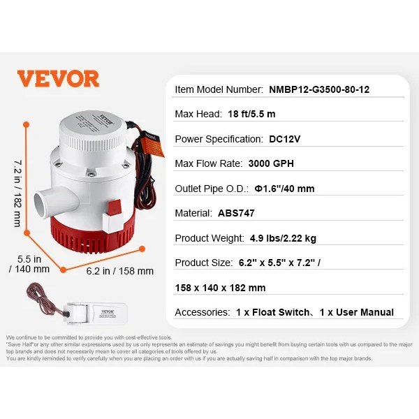 Högflödeslänspump, 3000 GPH, Automatisk drift,3 000 GPH 40 mm utlopp 3000GPH 40mm Outlet