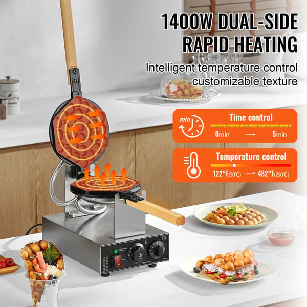 Bubble Waffle Maker, 1400W, Rustfrit Stål, Temperaturinterval 50°C til 250°C, Dimensioner 37 x 29 x 15 cm, CE Certificeret