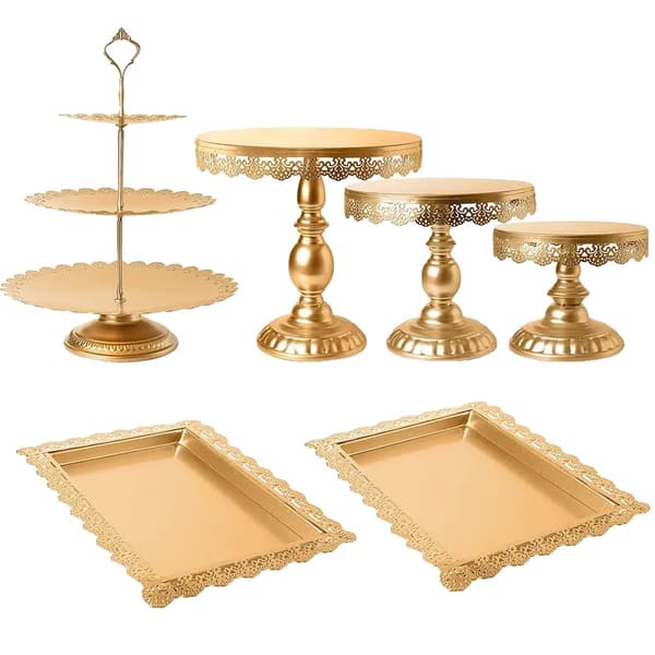 Guld Tårtfat Set, 3-Lagers Cupcake Ställ, Spets Rektangulära Fat, Lätt att Montera, 6st i ett set