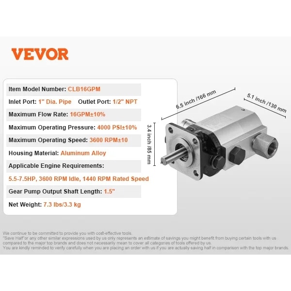Hydraulisk Logsplitterpumpe, 13/16 GPM, 3000/4000 PSI, 3600 RPM, Kompatibel med 5.5-7.5HK Motor,CLB16GPM 4000PSICLB16GPM 4000PSI CLB16GPM 4000PSI CLB16GPM 4000PSI