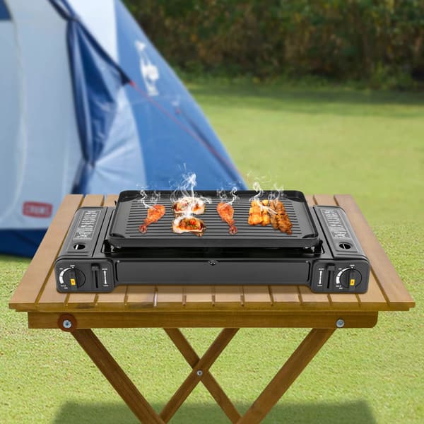 Campingkomfur, Dobbeltbrænder, Bærbart Design, sort