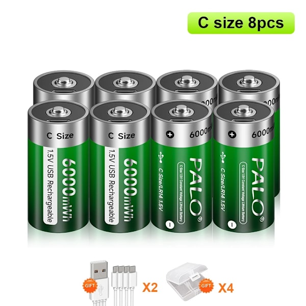 Genopladelige C-størrelse batterier, 1,5V 6000mWh, USB-C opladning, Langvarig holdbarhed,8 stk batteri 8pcs battery 8pcs battery