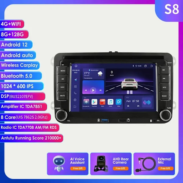 Carplay Android 12, Multimedieafspiller, GPS Navigation, S8 AHD2 AI, Quad Core S8 AHD2 AI S8 AHD2 AI