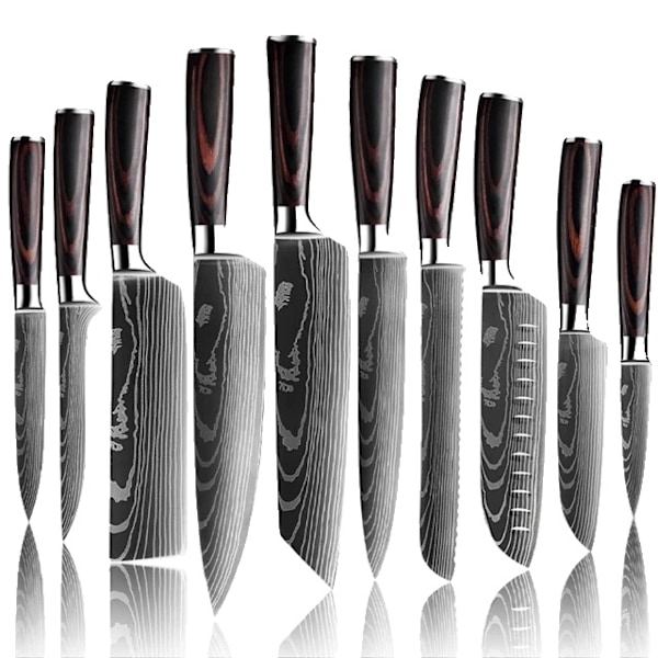 Køkkenknivsæt, Laser Damaskusmønster, Japansk Santoku-kniv, 10 PCS værdi sæt 10 PCS Value set 10 PCS Value set