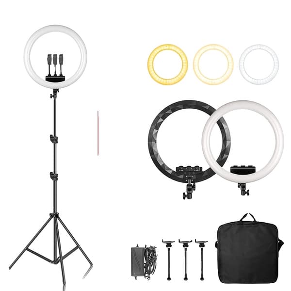 Ring Light, Dæmpbar Lysstyrke, 360° Rotation, 200cm Tripod Sort
